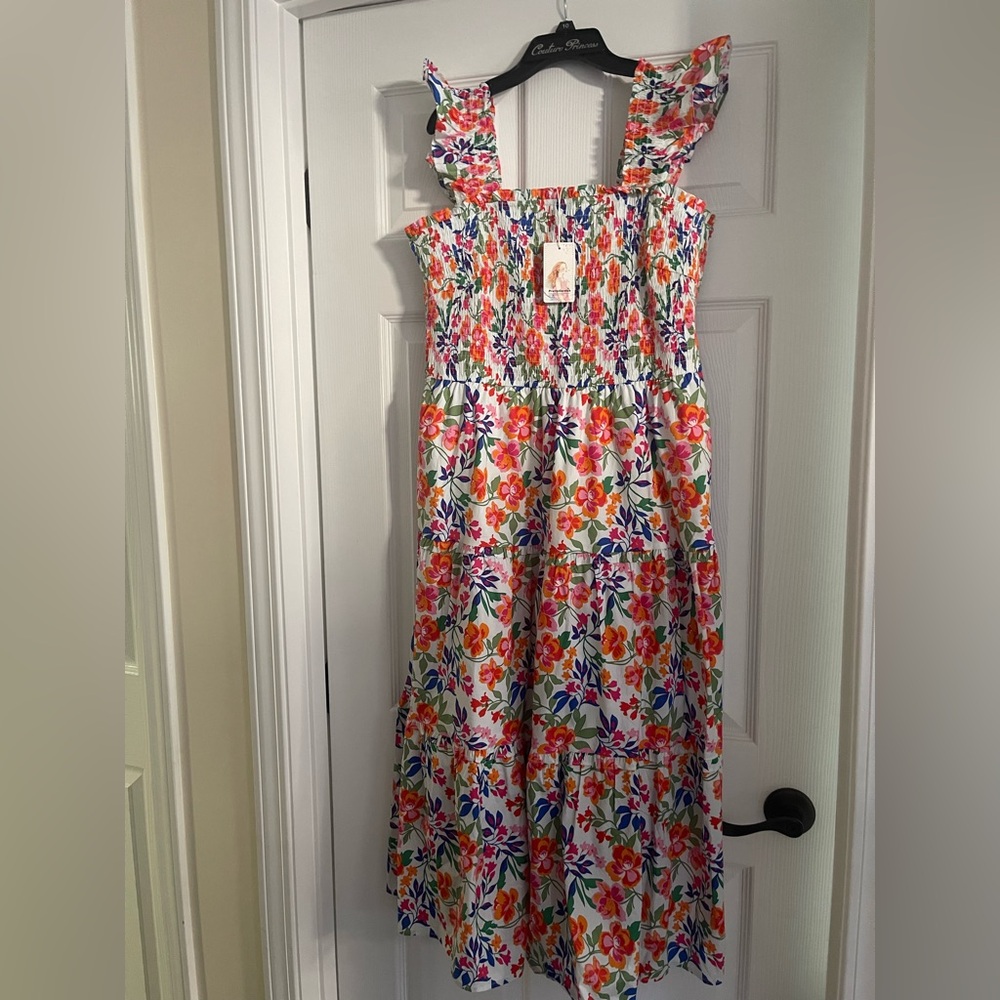 White Floral Midi Dress with Ruffled Straps